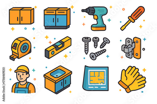 Cabinet Renovation Icons. Cabinet renovation. Colorful isometric vector icons set of cabinet renovation: upper cabinets, lower cabinets, drill, screwdriver,
