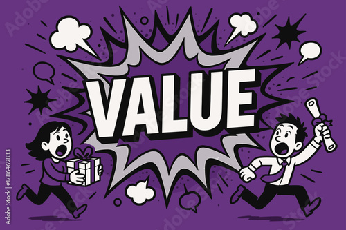 Explosive Value Celebration. VALUE banner, splash explosion, bold oversized text inside banner, cartoon characters shouting and running, holding gift box and