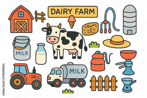 Dairy Farm Doodles. Dairy farm for ice cream. Colorful Hand-drawn doodle Children illustration Dairy farm for ice cream dairy cow, milk pail, barn, pasture