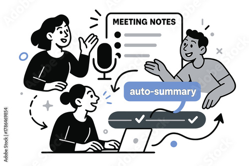 Dynamic Meeting Notes. AI Assistants ? Meeting Notes. Microphone icon listens as crisp bullet cards assemble; tag ?auto-summary? lands with a soft bounce. A