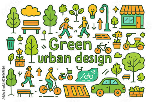 Green Urban Concept. Green urban design. Hand-drawn doodle illustration of green urban design. Trees, benches,