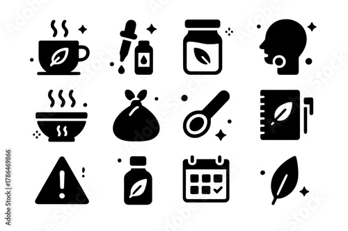 Sage Wellness Icons. Medicinal and wellness uses of sage. Solid icons set of Medicinal and wellness uses of sage: herbal tea cup, tincture dropper, infusion