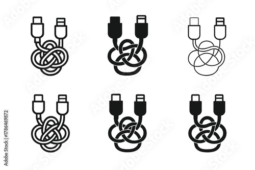 Charging Cable Tangle. Charging cable mess. Set Logo of Charging cable mess: USB-C and lightning tangle. harmonious logo variations of the same emblematic