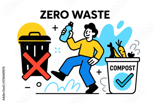 Embrace Zero Waste. Zero waste lifestyle. A trash can with a red cross, a person holding a reusable water bottle, a compost bin with a green checkmark. Modern
