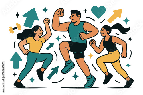 Energetic Group Fitness. Workout motivation. Group fitness class with abstract floating arrows, icons, and sparkles; conveys teamwork, energy, and workout