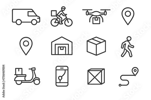 Last-Mile Connectivity Icons. Last-mile connectivity. Line icon set of last-mile connectivity: delivery van, bicycle courier, drone, map marker, warehouse,
