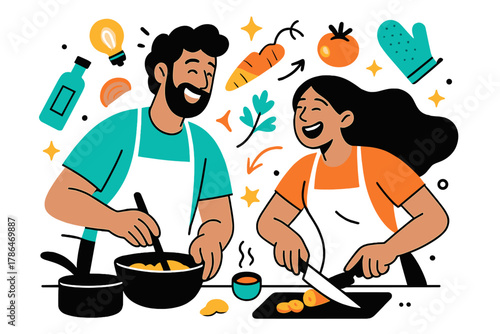 Cooking Together Bliss. Love through shared hobbies. A couple cooking together in a bright kitchen, glowing