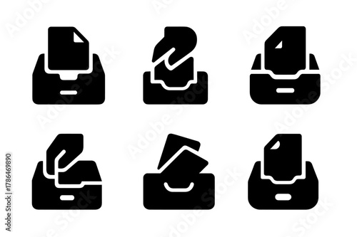 Organizing Icon Grid. Cleaning Out a Drawer. Set Logo of Organizing Icon: Filled silhouette, Abstract geometric, Negative space, Symmetrical form, Stylized