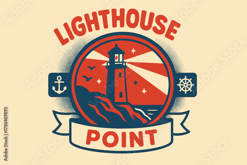 Lighthouse Point Poster. Lighthouse Point ? Retro Poster; lettering: bold rounded; composition: ribboned seal with side icons; effects: halftone rim + gentle