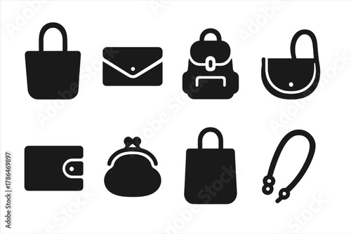 Handbag Icon Set. Handbags and purses. Filled icon set of handbags and purses: tote bag, clutch, backpack,