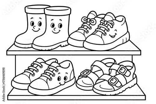 Footwear Coloring Fun. Footwear variety children?s coloring book illustration, outlined drawing, smiling boots