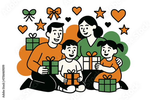 Festive Family Gathering. Holiday gifting. A family gathered with wrapped presents and floating geometric