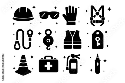 Essential Solar Safety Gear. Solar safety and PPE. Solid icons set of Solar safety and PPE: hard hat, safety glasses, work gloves, full-body harness, lanyard,