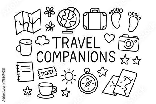 Travel Doodle Companions. Travel Companions. Hand-drawn doodle illustration of Travel Companions. map, globe,