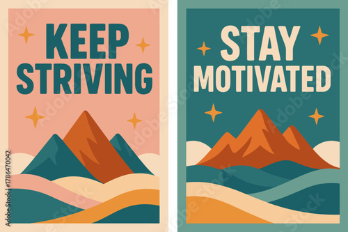 Retro Motivational Banners. Keep striving. Two vertical A6 banners with safe margins, centered composition, no elements touching edges, retro, pink and teal,