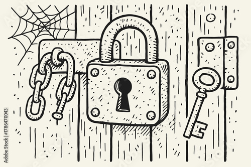 Rusty Keyhole Illustration. Rusty Keyhole. Hand-drawn doodle illustration Rusty Keyhole padlock, key, latch, chain, rust, scratches, hinges, cobweb, bolt,