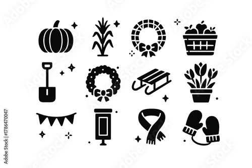 Seasonal Porch Icons. Seasonal Farmhouse Porch. Solid icons set of Seasonal Farmhouse Porch: pumpkin, corn stalk, plaid wreath, harvest basket, snow shovel,