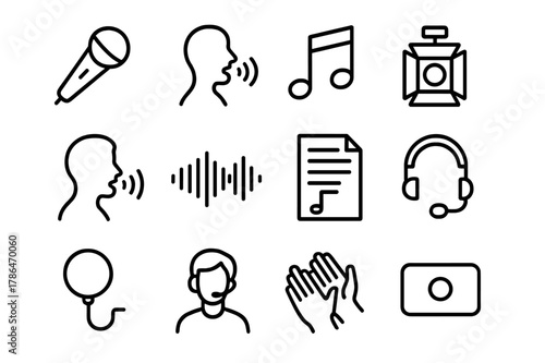 Vocal Performance Icons. Vocal Performance. Line icon set of Vocal Performance: microphone, singer silhouette, music notes, stage light, vocal warmup, sound