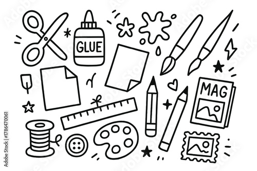 Craft Tools Doodles. Mixed media art. Hand-drawn doodle illustration mixed media art scissors, glue, brush, pen, paper, magazine cutout, paint splatter, ruler,