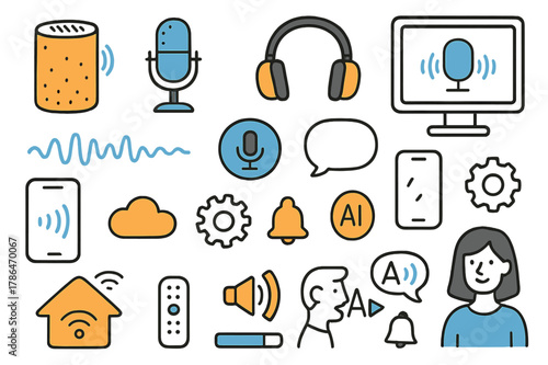 Smart Devices Doodle. Speech-controlled devices. Hand-drawn doodle illustration smart speaker (colored), microphone (colored), headphones (colored), smartphone