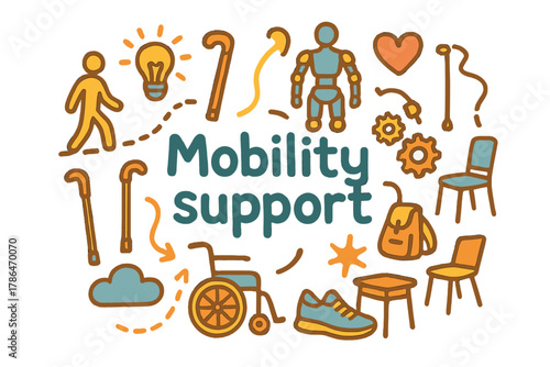 Mobility Assistance Doodle. Mobility support. Hand-drawn doodle illustration of mobility support. Human figure