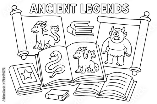 Mythical Creatures Coloring Page. Ancient legends learning page children?s coloring book illustration, outlined drawing, scrolls and books open to pictures of