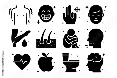 Cold Exposure Icons. Body responses to cold exposure. Solid icons set of Body responses to cold exposure: shiver tremor lines, teeth chattering, blue