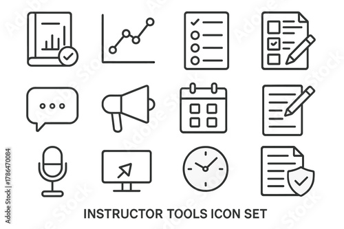 Instructor Tools Set. Instructor tools. Line icon set of instructor tools: gradebook, analytics chart, attendance list, rubric, comment bubble, announcement,