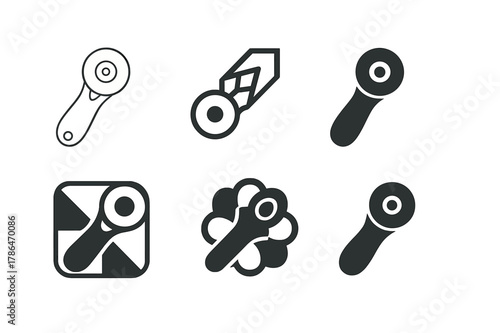 Sewing Logo Variations. Sewing and quilting projects. Set Logo of Sewing and quilting projects: rotary fabric cutter. Icon set. harmonious logo variations of