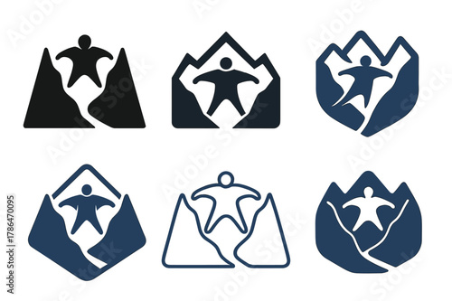 Wingsuit Logo Variations. Wingsuit flying. Set Logo of Wingsuit flying: flyer slicing through valley. harmonious logo variations of the same emblematic