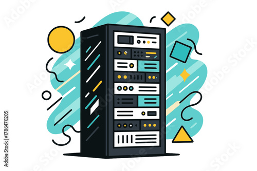 Modern Data Center. Server Rack. Server rack in a modern data center with floating abstract geometric shapes and light reflections, organized and technological