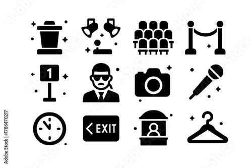 Auction Icons Set. Auction house interior. Solid icons set of Auction house interior: stage podium, spotlight pair, rows of chairs, velvet rope, lot display