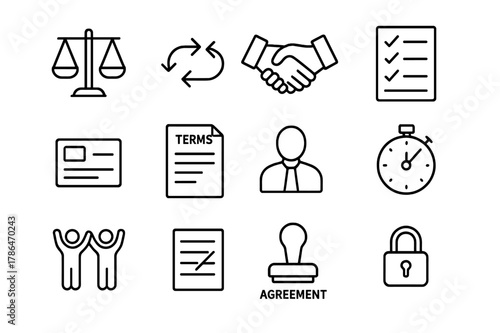Negotiation Icons Set. Negotiation. Line icon set of Negotiation: scales, counteroffer arrows, handshake, concession list, BATNA card, terms sheet, mediator,