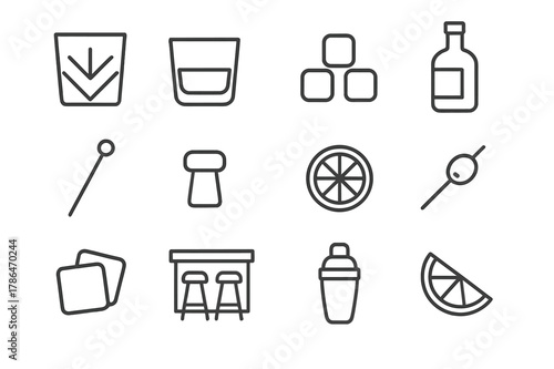 Fine Spirits Icons. Fine spirits. Line icon set of fine spirits: crystal glass, whiskey glass, ice cubes, bottle, cocktail stirrer, cork, lemon slice, olive,