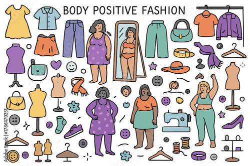 Body Positive Styles. Body positive fashion. Hand-drawn doodle illustration dresses (colored), shirts (colored), pants (colored), skirts (colored), jackets