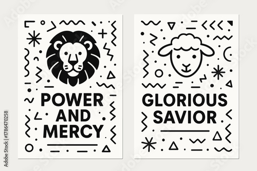 Lion and Lamb Banners. Lion and Lamb. Two vertical A6 banners with safe margins, centered composition, no elements touching edges, memphis, black and white,