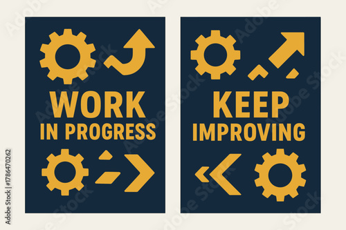 Work in Progress Banners. Work in progress. Two vertical A6 banners with safe margins, centered composition, no elements touching edges, bold, navy and gold,
