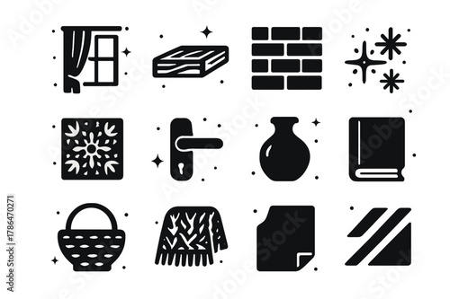 Window Texture Icons. Window Light and Textures. Solid icons set of Window Light and Textures: linen curtain, wood grain sill, brick wall, frosted glass, lace