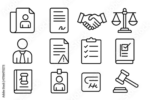 Employment Law Icons. Employment Law. Line icon set of Employment Law: employee file, contract document, handshake, job offer paper, termination notice,