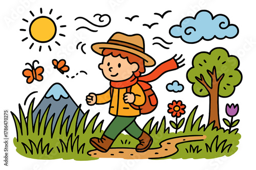 Outdoor Exploration Adventure. outdoor exploration. Colorful Hand-drawn doodle Children illustration outdoor exploration person, tall grass, wind, mountain,