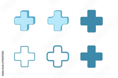 Diverse Medical Icons. Medical cross symbol. Set Logo of Medical cross symbol: 3D beveled cross with shadow depth. Icon set. harmonious logo variations of the