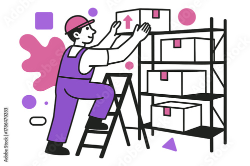 Organized Warehouse Efficiency. Restocking Supplies. Warehouse worker placing boxes on high shelves with floating abstract geometric shapes, efficient and
