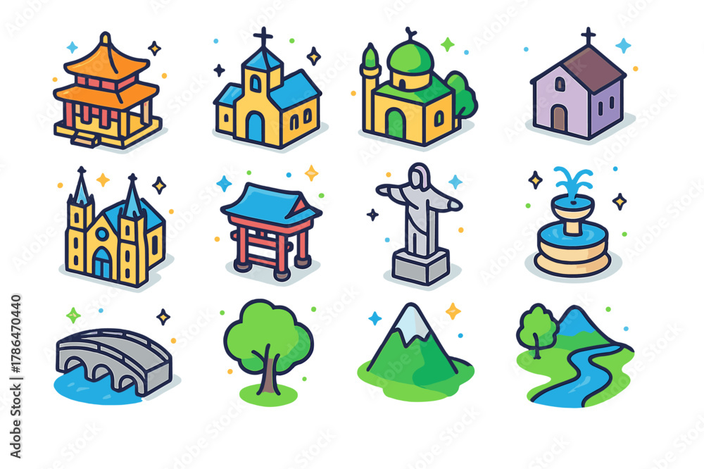 Naklejka premium Colorful Pilgrimage Icons. pilgrimage path. Colorful isometric vector icons set of pilgrimage path: temple, church, mosque, monastery, cathedral, shrine,