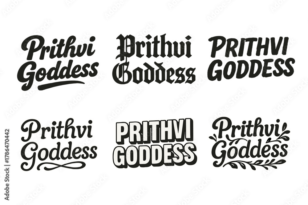 Obraz premium Prithvi Goddess Lettering. Prithvi Goddess. Set lettering. harmonious lettering variations of the same emblematic concept (Bold hand-lettering with playful