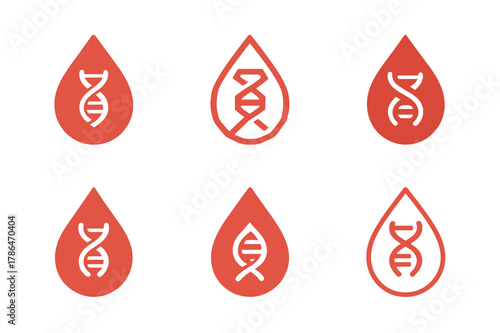 DNA Blooddrop Icons. Genetic testing in healthcare. Set Logo of Genetic testing in healthcare: blood drop with DNA spiral inside. Icon set. harmonious logo