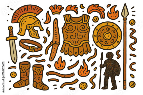 Ancient Warrior Icons. Ancient armor. Colorful Hand-drawn doodle Children illustration Ancient armor bronze helmet, chest plate, round shield, sword, belt,