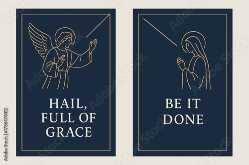 Graceful Annunciation Banners. Annunciation. Two vertical A6 banners with safe margins, centered composition, no elements touching edges, minimal, navy and