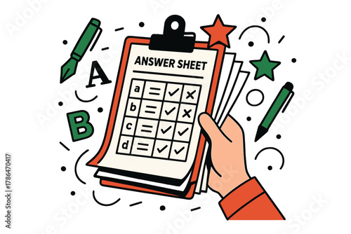 Academic Evaluation Imagery. Academic evaluation. A teacher?s hand holds a clipboard with multiple answer