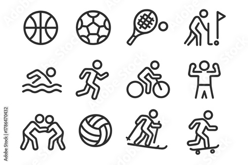Black Sport Icon Set. Sport. Line icon set of Sport: basketball, soccer, tennis, golf, swimming, running, cycling, boxing, wrestling, volleyball,