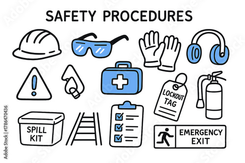 Safety Procedures Icons. // Safety procedures. Hand-drawn doodle illustration Safety procedures [hard hat (accented), safety glasses (accented), gloves, ear
